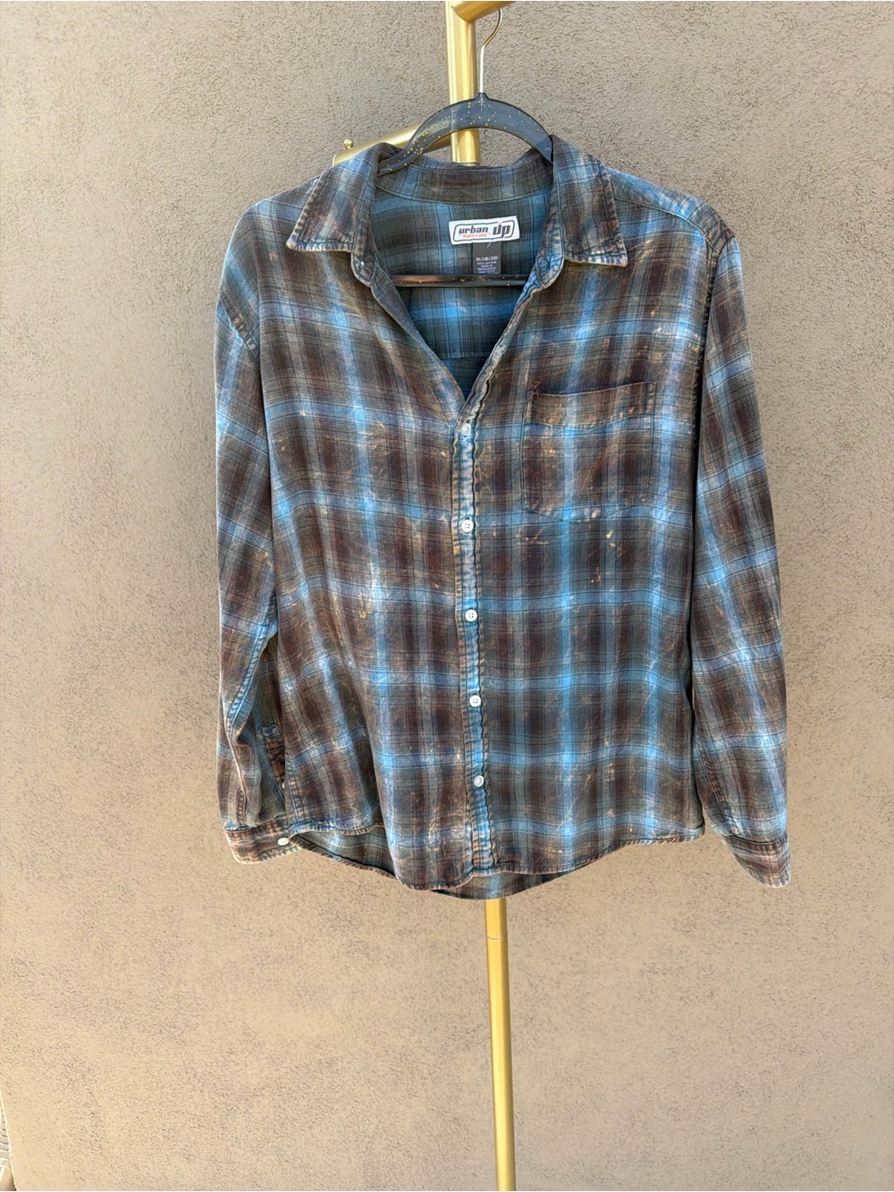 Y2K Blue Brown Plaid Flannel Distressed Bleach Grunge Button Collar Fall Shirt - Picture 5 of 8